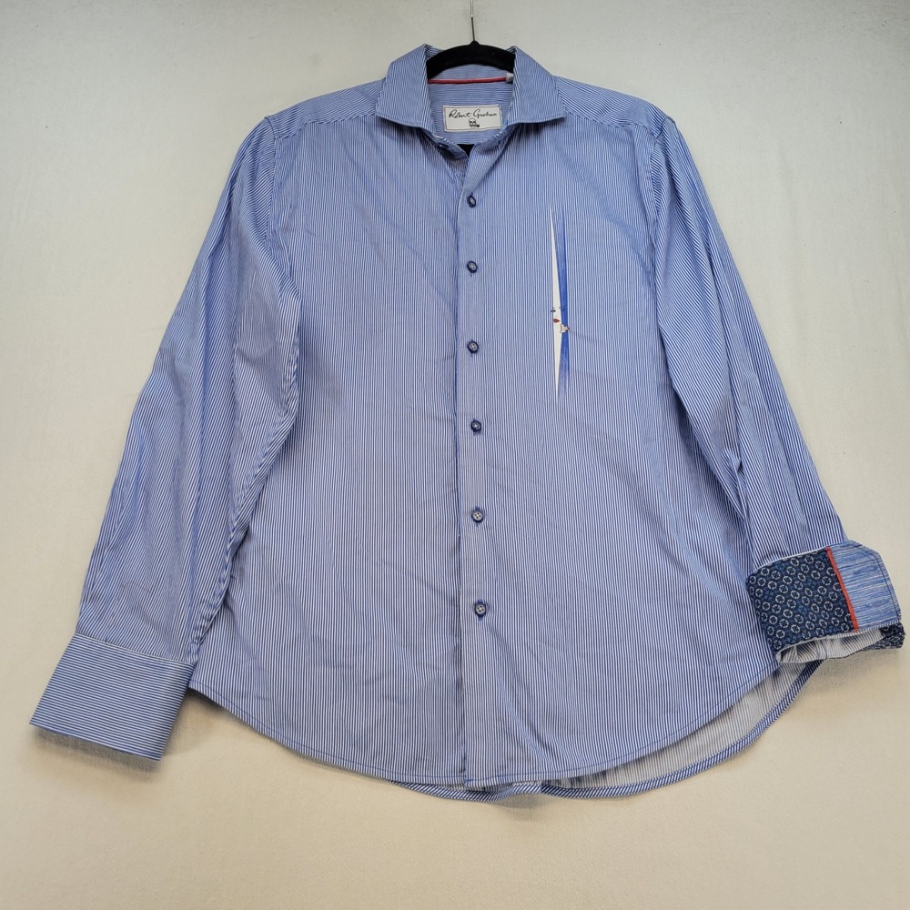 Robert Graham Button Down Shirt Mens L Blue Striped Tailored Fit Peeking Woman